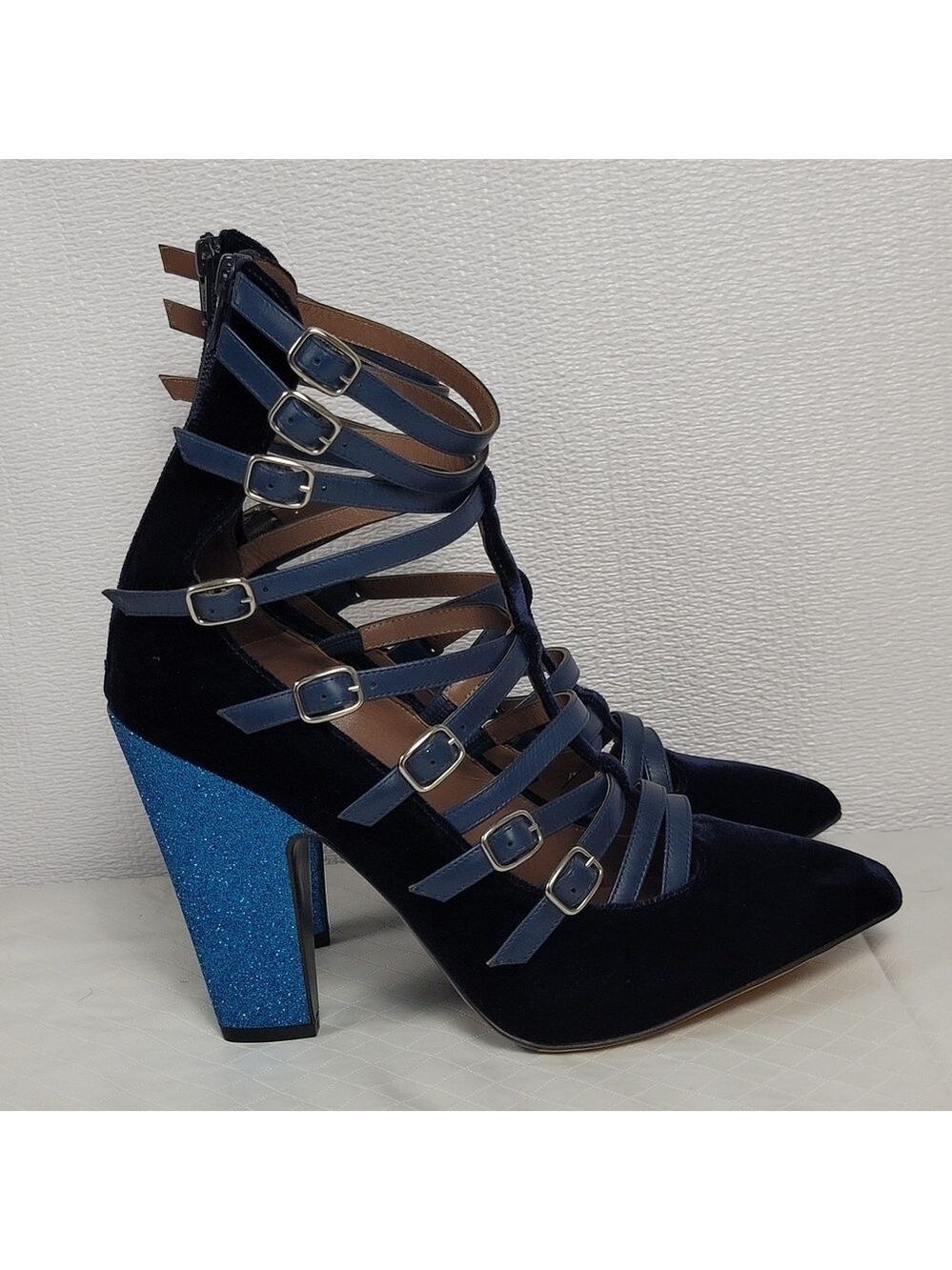 Tabitha Simmons Velvet Strappy Buckled Cage Pointed Toe Pump Glitter Block Heel